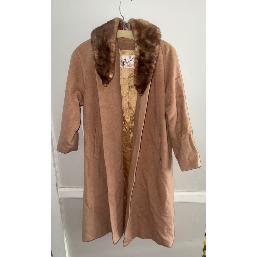 Vintage Fleischers Camel Wool Coat Real Fur Collar ILGWU Union Tan Mid Length‎